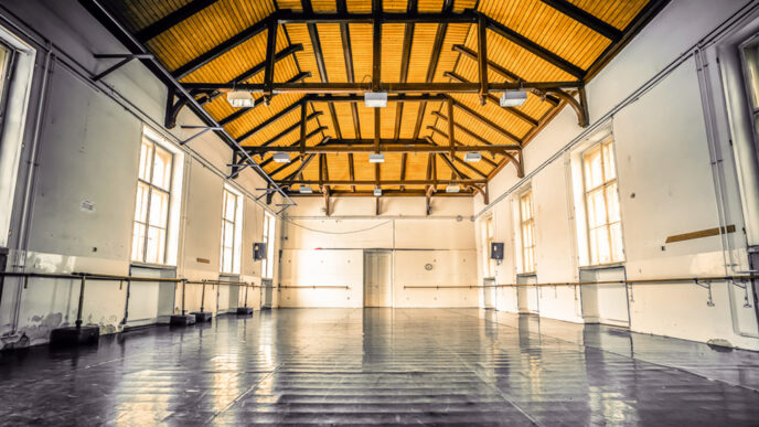 Empty dance rehearsal studio|Flamenco dancers from Ensemble Espanol|Empty orchestra rehearsal hall