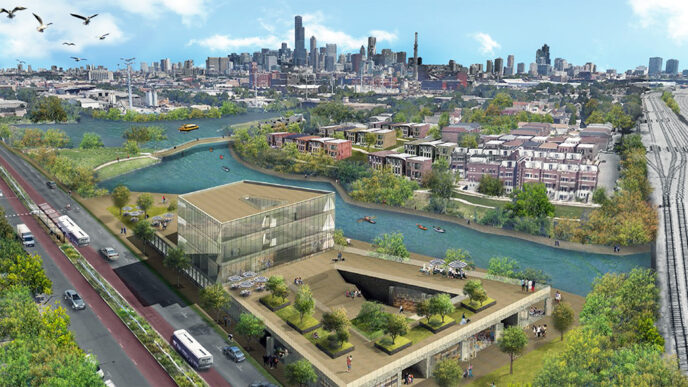 Artist’s rendering of a redeveloped South Branch of the Chicago River|Artist’s rendering of a potential wetland park for the Goose Island area