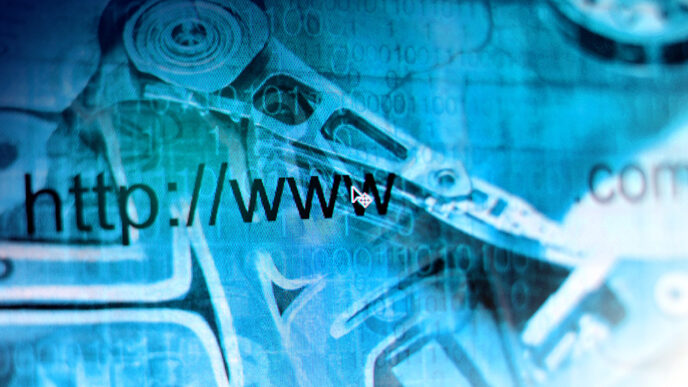 Portions of website addresses appear over an abstract blue photographic background