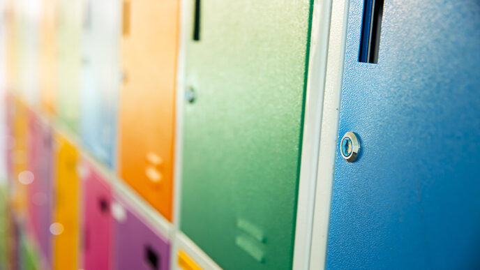 A row of colorful school lockers