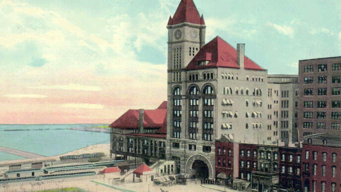 Vintage postcard illustrating the Illinois Central Railroad depot in Chicago|Historic portrait of Charles Markham