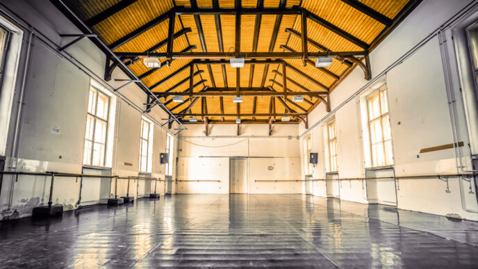 Empty dance rehearsal studio|Flamenco dancers from Ensemble Espanol|Empty orchestra rehearsal hall