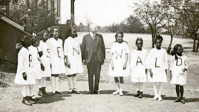 Julius Rosenwald stands with young students outside a Rosenwald school|Map by the Julius Rosenwald Fund from 1932 showing the locations of 5