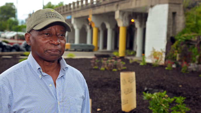 William Hill standing in the garden he's ceased from a vacant lot in Woodlawn||