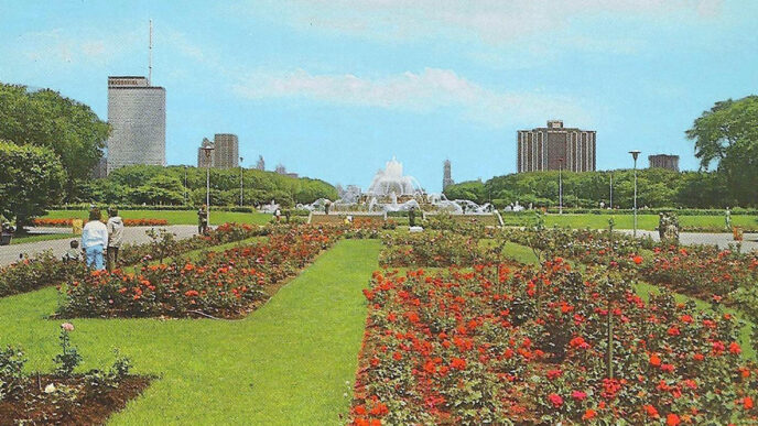 A postcard from the 1960s depicting the Rose Garden in Grant Park|James Brown stands in the Chicago Botanic Garden beside a plaque that bears his name