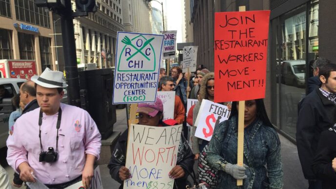 Workers from the Restaurant Opportunities Center marching in support of living wage