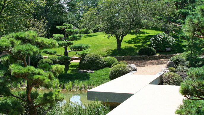 Zig-zag bridge and evergreens at the Japanese Garden||