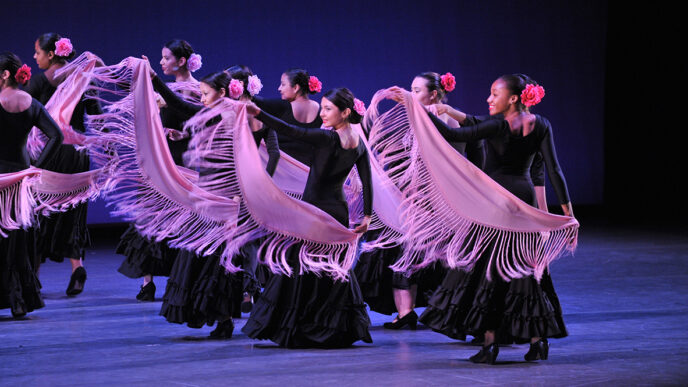A troupe of young performers do a flamenco routine at the Chicago Teen Dance Festival|Two contemporary dancers perform a duet|150 young dancers perform the finale|A group of African drummers accompany a dance soloist