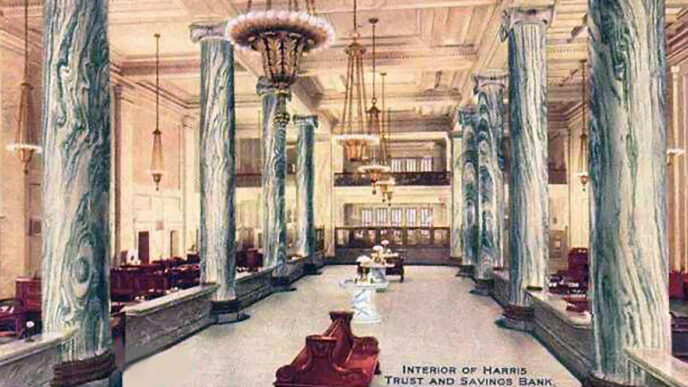 Vintage postcard depicts the lobby of Harris Bank building