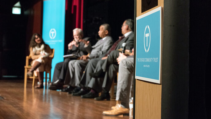 Panelists on stage at the Harold Washington Library's Pritzker Auditorium|Manya Brachear Pashman moderates a panel of civic and faith leaders|Martin Castro speaks