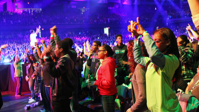 The crowd dances at WE Day Illinois|||||||||||||||||||