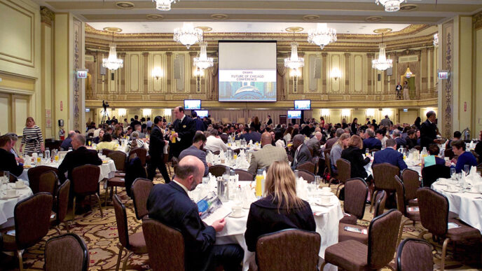 Guests at the Palmer House for the Future of Chicago Conference|Panelists on stage discussing education in Chicago|