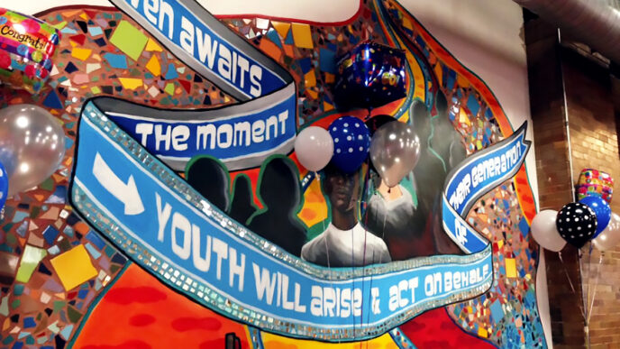 Balloons in front of a mural at the Firehouse Community Arts Center|A banner welcomes students and guests to the Youth-Led Tech graduation|Students waiting to walk on stage for the graduation ceremony|A tweet from Smart Chicago: “.@AdamHeckman dares the #youthledtech graduates to be #tech leaders: ”may you go from strength to strength
