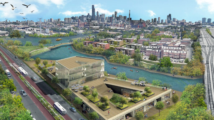 Artist's rendering of a redeveloped South Branch of the Chicago River|Artist's rendering of a potential wetland park for the Goose Island area