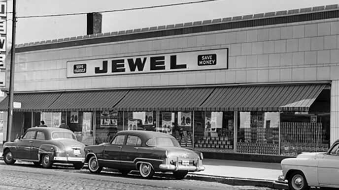 A historic photo of the exterior of a Jewel supermarket
