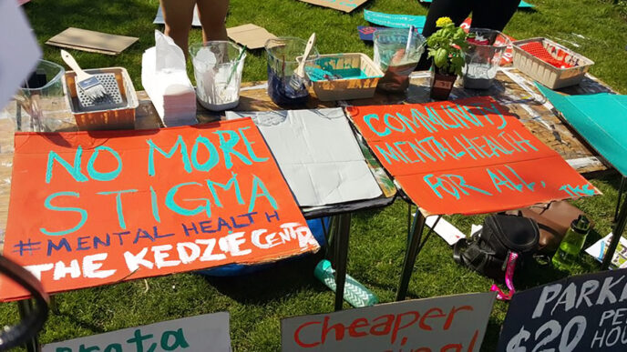 Hand-painted signs on a table