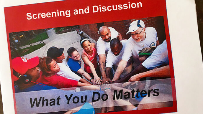 Flyer promoting a screening of What You Do Matters|Five panelists at a film screening