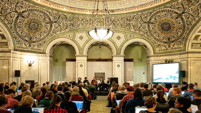 Panelists at the Sustain Arts launch in Preston Bradley Hall|Screen shot of a chart from the Sustain Arts Chicagoland data portal