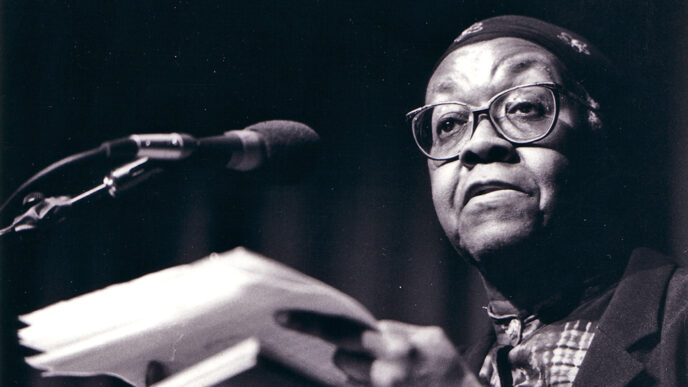 Gwendolyn Brooks reading at a lectern|Poets backstage before the kickoff event of Our Miss Brooks 100