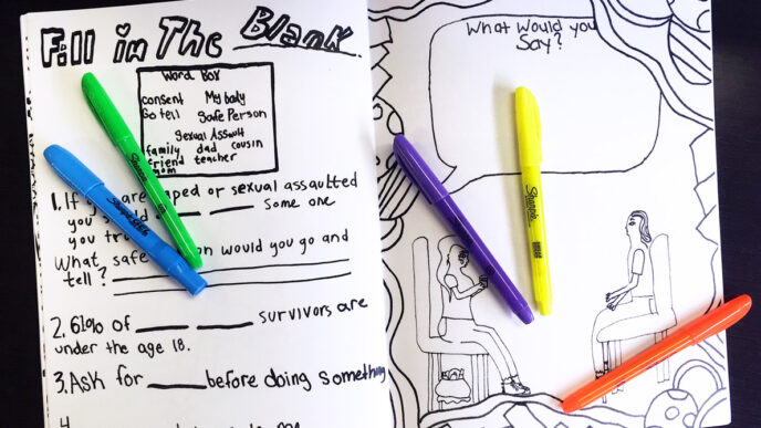 A coloring book and markers|Front cover of a coloring book showing a girl's head and the title How to Help a Friend