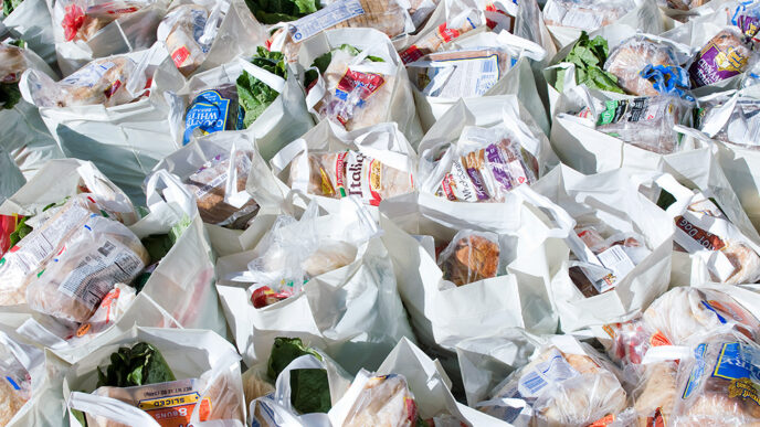 Bags of groceries at a food pantry