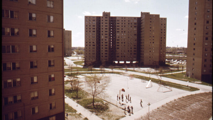 Vintage photo of the high-rise towers of the Stateway Gardens housing project