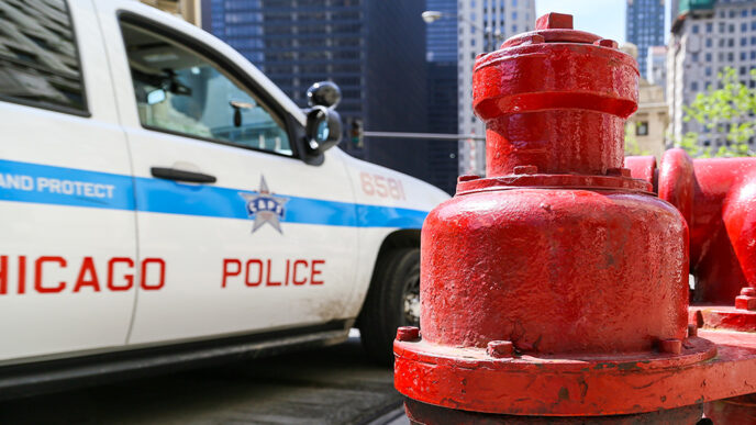 A Chicago Police Department SUV parked alongside a fire hydrant