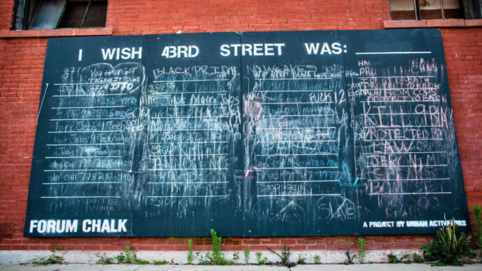 A chalkboard mural painted on a brick wall