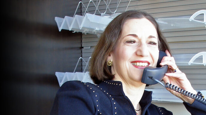 A woman smiles while talking on the phone in an office|A woman smiles while talking on the phone in a wood-paneled office|Three women stand on stage smiling and holding an award plaque