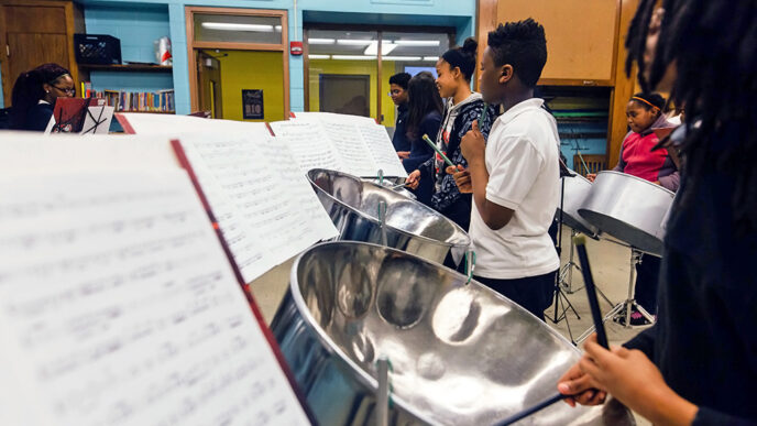 A group of young students play percussion instruments in a classroom|Bar chart showing Ways the Local Community Engages|Bar chart showing Healthy Chicago 2.0 Report data|A group of young students play percussion instruments in a classroom|An artist uses a craft knife to construct a cardboard sculpture